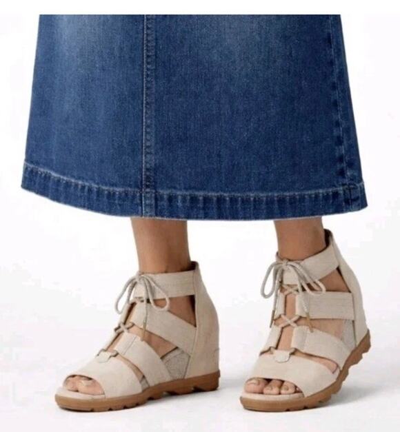 Sorel Shoes - Sorel Joanie‎ II Wedge Sz 9 EU 40 Sandals Heel Lace Up Tie Taupe Leather Strappy